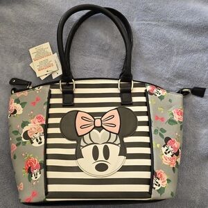 Disney Boutique Minnie Mouse Striped Purse/Tote Bag - Black, Gray, Pink